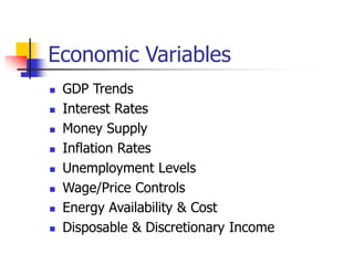 Economic Variables
 GDP Trends
 Interest Rates
 Money Supply
 Inflation Rates
 Unemployment Levels
 Wage/Price Controls
 Energy Availability & Cost
 Disposable & Discretionary Income
 