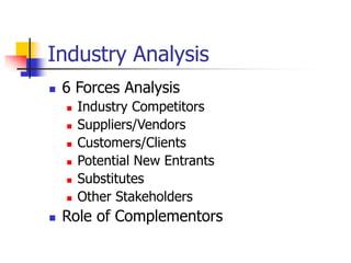 Industry Analysis
 6 Forces Analysis
 Industry Competitors
 Suppliers/Vendors
 Customers/Clients
 Potential New Entrants
 Substitutes
 Other Stakeholders
 Role of Complementors
 