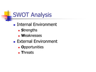 SWOT Analysis
 Internal Environment
 Strengths
 Weaknesses
 External Environment
 Opportunities
 Threats
 