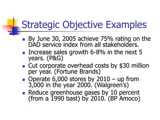 Strategic Objective Examples
 By June 30, 2005 achieve 75% rating on the
DAD service index from all stakeholders.
 Increase sales growth 6-8% in the next 5
years. (P&G)
 Cut corporate overhead costs by $30 million
per year. (Fortune Brands)
 Operate 6,000 stores by 2010 – up from
3,000 in the year 2000. (Walgreen’s)
 Reduce greenhouse gases by 10 percent
(from a 1990 bast) by 2010. (BP Amoco)
 