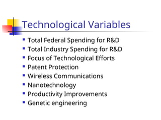 Technological Variables
 Total Federal Spending for R&D
 Total Industry Spending for R&D
 Focus of Technological Efforts
 Patent Protection
 Wireless Communications
 Nanotechnology
 Productivity Improvements
 Genetic engineering
 