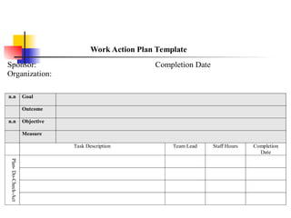 Work Action Plan Template
Sponsor: Completion Date
Organization:
n.n Goal
Outcome
n.n Objective
Measure
Task Description Team Lead Staff Hours Completion
Date
Plan-
Do-Check-Act
 