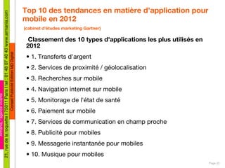 Top 10 des tendances en matière d’application pour mobile en 2012  (cabinet d'études marketing Gartner)   <ul><li>Classeme...