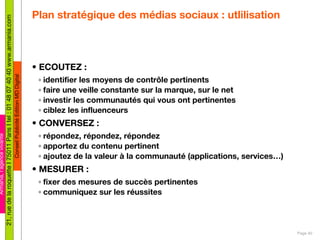 Plan stratégique des médias sociaux : utlilisation <ul><li>ECOUTEZ : </li></ul><ul><ul><li>identifier les moyens de contr ...