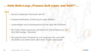 Agile HR Konferenz – Köln – 14. April 201610
2014
• Servant Leadership Training für alle FK
• Vorstands-Workshop „Einführung ins agile Arbeiten“
• Leidensträger und Unverbesserliche auf der Agile HR Konferenz
• Wir rücken näher zusammen. Da bahnt sich was Größeres an, ein
Wort fällt häufiger „Transition“
• Wir sprechen beim Vorstand vor und vergessen das, was zählt:
die Zahlen und zahlen drauf, aber steter Tropfen, Saat gesät
… Hells Bells-Loop-„Prozess läuft super, was fehlt?“…
 
