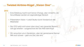 Agile HR Konferenz – Köln – 14. April 201611
… Twisted Airtime-Hügel „Vision One“ …
2015
• Eine Abteilung macht noch keinen Change, aber immerhin, die
ScrumMaster werden ein eigenständiger Bereich
• Präsentation Vision + Leit(d?)kultur durch Vorstand an alle
Mitarbeiter
• Der CFO setzt noch einen oben drauf: sein gesamter Bereich
soll agil arbeiten - ausgerechnet die! Die Welt steht Kopf
• Wir versuchen uns in Iterationen, aber der gemeinsame Nenner
fällt noch schwer – gebt uns Zeit, das wird
 