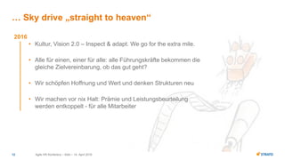 Agile HR Konferenz – Köln – 14. April 201612
… Sky drive „straight to heaven“
2016
• Kultur, Vision 2.0 – Inspect & adapt. We go for the extra mile.
• Alle für einen, einer für alle: alle Führungskräfte bekommen die
gleiche Zielvereinbarung, ob das gut geht?
• Wir schöpfen Hoffnung und Wert und denken Strukturen neu
• Wir machen vor nix Halt: Prämie und Leistungsbeurteilung
werden entkoppelt - für alle Mitarbeiter
 