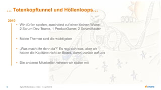 2010
• Wir dürfen spielen, zumindest auf einer kleinen Wiese:
2 Scrum-Dev-Teams, 1 ProductOwner, 2 ScrumMaster
• Meine Themen sind die wichtigsten
• „Was macht ihr denn da?“ Es regt sich was, aber wir
haben die Kapitäne nicht an Board, damn, zurück auf Los
• Die anderen Mitarbeiter nehmen wir später mit
6
… Totenkopftunnel und Höllenloops…
Agile HR Konferenz – Köln – 14. April 2016
 