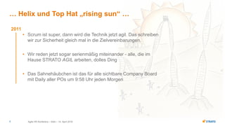 Agile HR Konferenz – Köln – 14. April 20167
… Helix und Top Hat „rising sun“ …
2011
• Scrum ist super, dann wird die Technik jetzt agil. Das schreiben
wir zur Sicherheit gleich mal in die Zielvereinbarungen.
• Wir reden jetzt sogar serienmäßig miteinander - alle, die im
Hause STRATO AGIL arbeiten, dolles Ding
• Das Sahnehäubchen ist das für alle sichtbare Company Board
mit Daily aller POs um 9:58 Uhr jeden Morgen
 