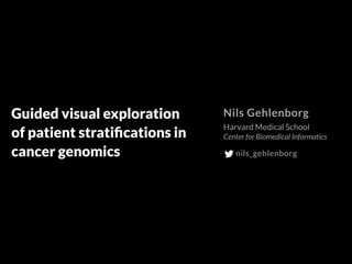 Guided visual exploration
of patient stratiﬁcations in
cancer genomics
Nils Gehlenborg
Harvard Medical School 
Center for Biomedical Informatics
nils_gehlenborg
 
