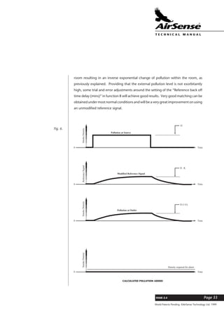 World Patents Pending ©AirSense Technology Ltd. 1999
ISSUE 2.4 Page 33
T E C H N I C A L . M A N U A L
room resulting in an inverse exponential change of pollution within the room, as
previously explained. Providing that the external pollution level is not exorbitantly
high, some trial and error adjustments around the setting of the “Reference back off
time delay (mins)” in function 8 will achieve good results. Very good matching can be
obtained under most normal conditions and will be a very great improvement on using
an unmodified reference signal.
0 Time
D
SmokeDensity
0
Modified Reference Signal
Pollution at Source
Time
D . K
ReferenceSignal
0
CALCULATED POLLUTION ADDED
Time
Density required for alarm
SmokeDensity
0
Pollution at Outlet
Time
D (1-E)
SmokeDensity
Fig. 6.
 