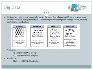 Big Data
 Big Data is a collection of large and complex data sets that it become difficult to process using
on-hand database management tools. The challenges include capture, storage, search, sharing,
analysis and visualization.
 Problems :-
1) Large-Scale Data Storage
2) Large-Scale Data Analysis
 Solution :-
Hadoop – HDFS - MapReduce
3
 