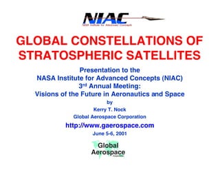 GLOBAL CONSTELLATIONS OF 
STRATOSPHERIC SATELLITES 
Presentation to the 
NASA Institute for Advanced Concepts (NIAC) 
3rd Annual Meeting: 
Visions of the Future in Aeronautics and Space 
by 
Kerry T. Nock 
Global Aerospace Corporation 
http://www.gaerospace.com 
June 5-6, 2001 
Global 
Aerospace Corporation 
 