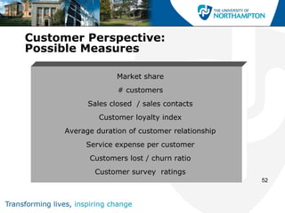 Customer Perspective:
Possible Measures

                   Market share
                   # customers
           Sales closed / sales contacts
              Customer loyalty index
     Average duration of customer relationship
          Service expense per customer
           Customers lost / churn ratio
             Customer survey ratings
                                                 52
 