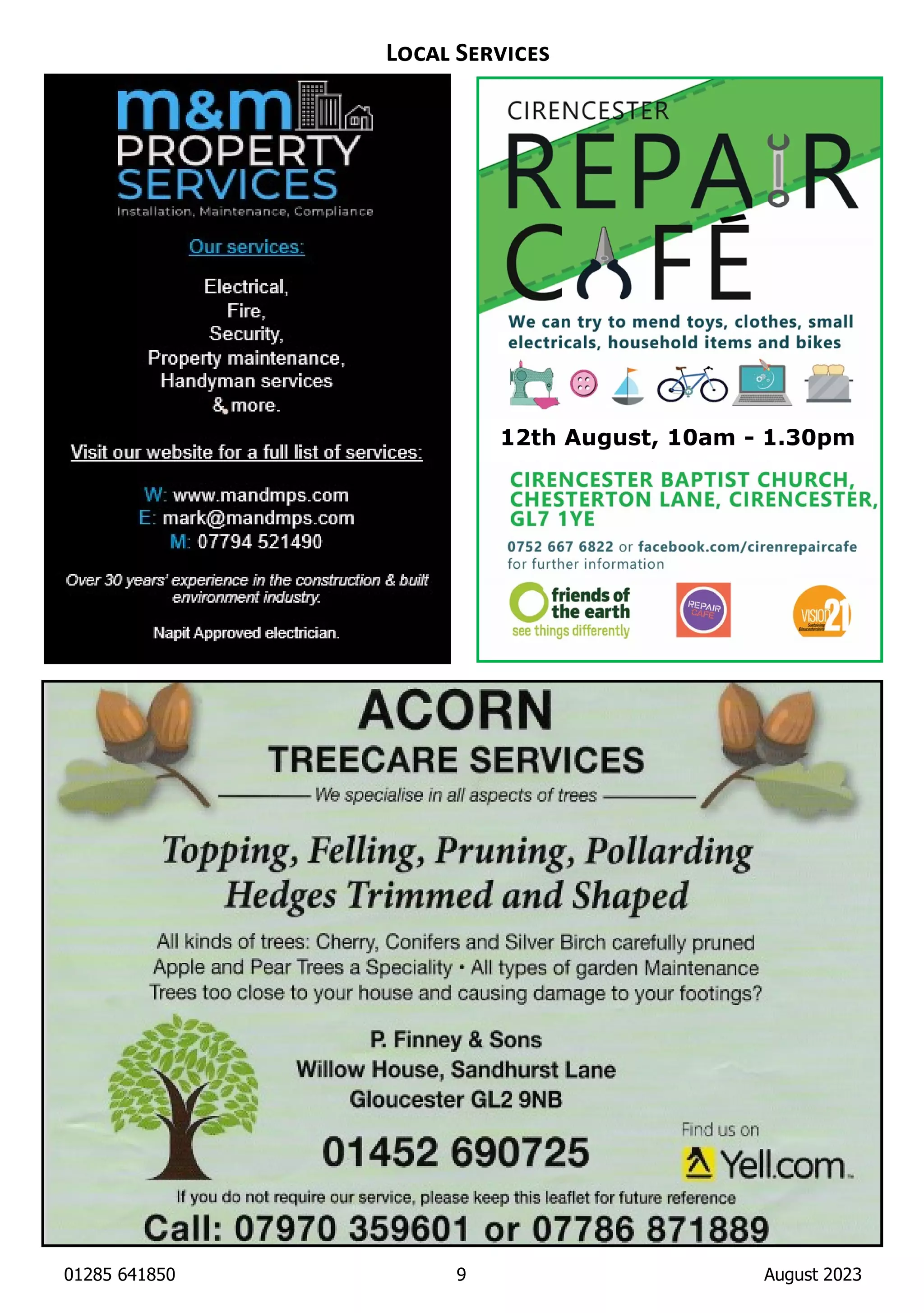 01285 641850 9 August 2023
L S
12th August, 10am - 1.30pm
 