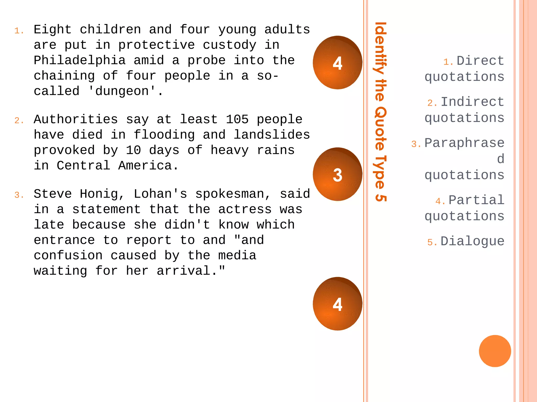 Identify the Quote Type 5 
1.Direct 
quotations 
2.Indirect 
quotations 
3.Paraphrase 
d 
quotations 
4.Partial 
quotations 
5.Dialogue 
1. Eight children and four young adults 
are put in protective custody in 
Philadelphia amid a probe into the 
chaining of four people in a so-called 
'dungeon'. 
2. Authorities say at least 105 people 
have died in flooding and landslides 
provoked by 10 days of heavy rains 
in Central America. 
3. Steve Honig, Lohan's spokesman, said 
in a statement that the actress was 
late because she didn't know which 
entrance to report to and "and 
confusion caused by the media 
waiting for her arrival." 
4 
3 
4 
 