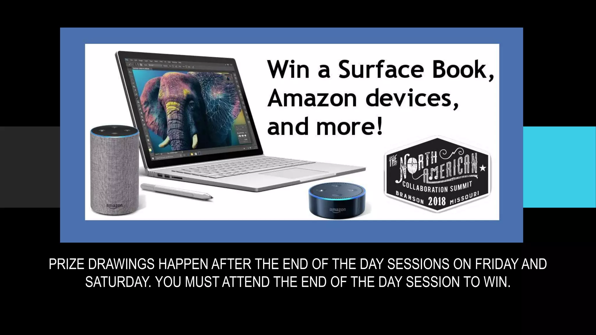 PRIZE DRAWINGS HAPPEN AFTER THE END OF THE DAY SESSIONS ON FRIDAY AND
SATURDAY. YOU MUST ATTEND THE END OF THE DAY SESSION TO WIN.
 