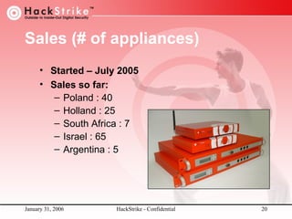 Sales (# of appliances)
• Started – July 2005
• Sales so far:
– Poland : 40
– Holland : 25
– South Africa : 7
– Israel : 65
– Argentina : 5

January 31, 2006

HackStrike - Confidential

20

 