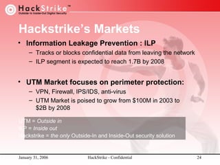 Hackstrike’s Markets
• Information Leakage Prevention : ILP
– Tracks or blocks confidential data from leaving the network
– ILP segment is expected to reach 1.7B by 2008

• UTM Market focuses on perimeter protection:
– VPN, Firewall, IPS/IDS, anti-virus
– UTM Market is poised to grow from $100M in 2003 to
$2B by 2008
UTM = Outside in
ILP = Inside out
Hackstrike = the only Outside-In and Inside-Out security solution

January 31, 2006

HackStrike - Confidential

24

 