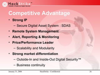 Competitive Advantage
• Strong IP
– Secure Digital Asset System : SDAS
• Remote System Management
• Alert, Reporting & Monitoring
• Price/Performance Leader
– Scalability and Modularity
• Strong market differentiation
– Outside-In and Inside-Out Digital Security™
– Business continuity
January 31, 2006

HackStrike - Confidential

26

 