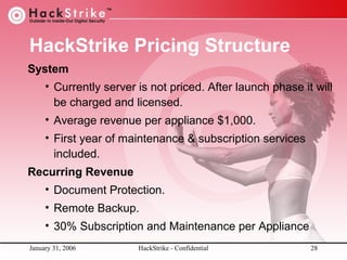 HackStrike Pricing Structure
System
• Currently server is not priced. After launch phase it will
be charged and licensed.
• Average revenue per appliance $1,000.
• First year of maintenance & subscription services
included.
Recurring Revenue
• Document Protection.
• Remote Backup.
• 30% Subscription and Maintenance per Appliance
January 31, 2006

HackStrike - Confidential

28

 
