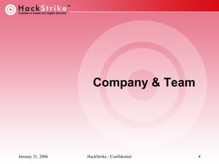 Company & Team

January 31, 2006

HackStrike - Confidential

4

 