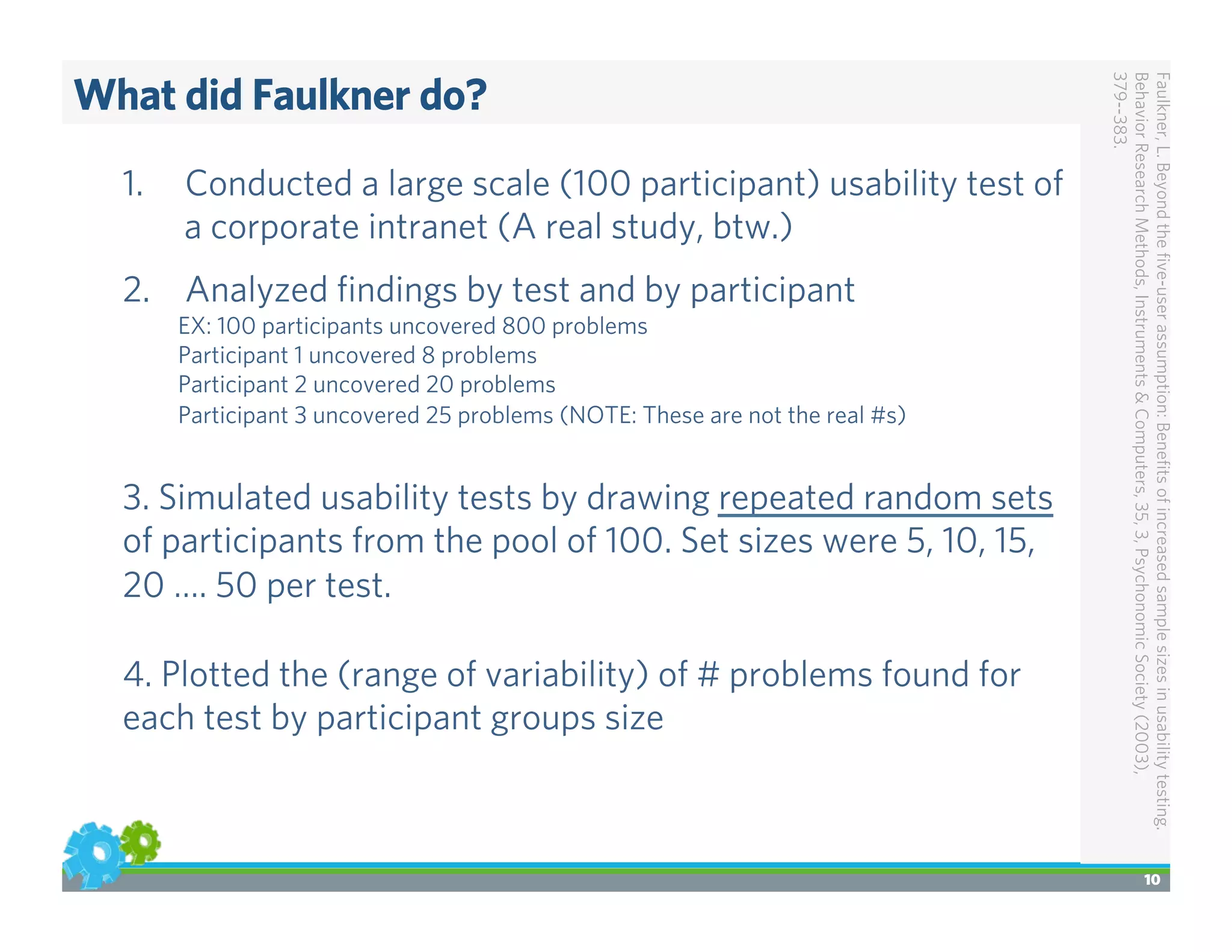 What did Faulkner do?
10
Faulkner,L.Beyondtheﬁve-userassumption:Beneﬁtsofincreasedsamplesizesinusabilitytesting.
BehaviorResearchMethods,Instruments&Computers,35,3,PsychonomicSociety(2003),
379--383.
1.  Conducted a large scale (100 participant) usability test of
a corporate intranet (A real study, btw.)
2.  Analyzed ﬁndings by test and by participant
EX: 100 participants uncovered 800 problems
Participant 1 uncovered 8 problems
Participant 2 uncovered 20 problems
Participant 3 uncovered 25 problems (NOTE: These are not the real #s)
3. Simulated usability tests by drawing repeated random sets
of participants from the pool of 100. Set sizes were 5, 10, 15,
20 …. 50 per test.
4. Plotted the (range of variability) of # problems found for
each test by participant groups size
 
