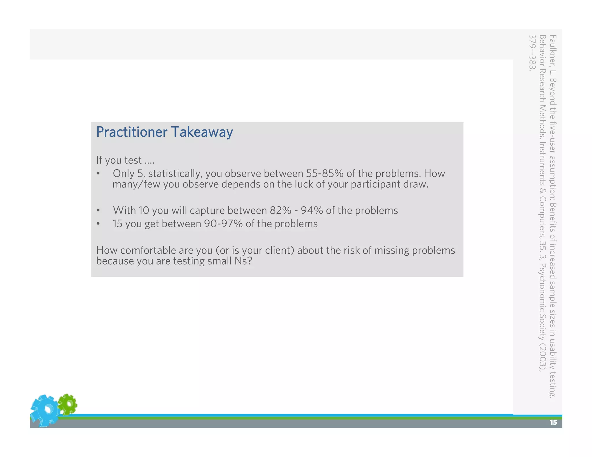 15
Faulkner,L.Beyondtheﬁve-userassumption:Beneﬁtsofincreasedsamplesizesinusabilitytesting.
BehaviorResearchMethods,Instruments&Computers,35,3,PsychonomicSociety(2003),
379--383.
Practitioner Takeaway
If you test ….
•  Only 5, statistically, you observe between 55-85% of the problems. How
many/few you observe depends on the luck of your participant draw.
•  With 10 you will capture between 82% - 94% of the problems
•  15 you get between 90-97% of the problems
How comfortable are you (or is your client) about the risk of missing problems
because you are testing small Ns?
 