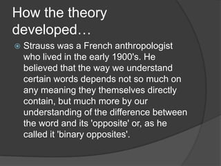 How the theory developed… Strauss was a French anthropologist who lived in the early 1900's. He believed that the way we understand certain words depends not so much on any meaning they themselves directly contain, but much more by our understanding of the difference between the word and its 'opposite' or, as he called it 'binary opposites'. 