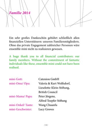 Familie 2014 
Ein sehr großes Dankeschön gebührt schließlich allen 
finanziellen Unterstützern: unseren Familienmitgliedern. 
Ohne das private Engagement zahlreicher Personen wäre 
ensemble mini nicht zu realisieren gewesen. 
A huge thank you to all financial contributors: our 
family members. Without the commitment of fantastic 
individuals like these, ensemble mini could not have been 
realised. 
/ 14 / 
mini-Gott: 
mini-Oma/ Opa: 
mini-Mama/ Papa: 
mini-Onkel/ Tante: 
mini-Geschwister: 
Catenion GmbH 
Valeria & Kurt Wolfsdorf, 
Lieselotte-Klein-Stiftung, 
British Council 
Peter Jörgens, 
Alfred Toepfer Stiftung 
Wang Chuanfu 
Lucy Groves 
 
