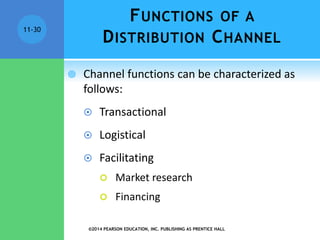 ©2014 PEARSON EDUCATION, INC. PUBLISHING AS PRENTICE HALL
11-30
FUNCTIONS OF A
DISTRIBUTION CHANNEL
 Channel functions can be characterized as
follows:
 Transactional
 Logistical
 Facilitating
 Market research
 Financing
 