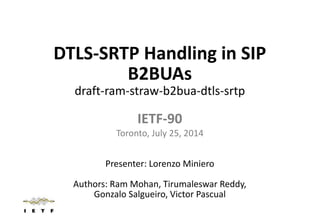 DTLS-SRTP Handling in SIP
B2BUAs
draft-ram-straw-b2bua-dtls-srtp
IETF-90
Toronto, July 25, 2014
Presenter: Lorenzo Miniero
Authors: Ram Mohan, Tirumaleswar Reddy,
Gonzalo Salgueiro, Victor Pascual
 