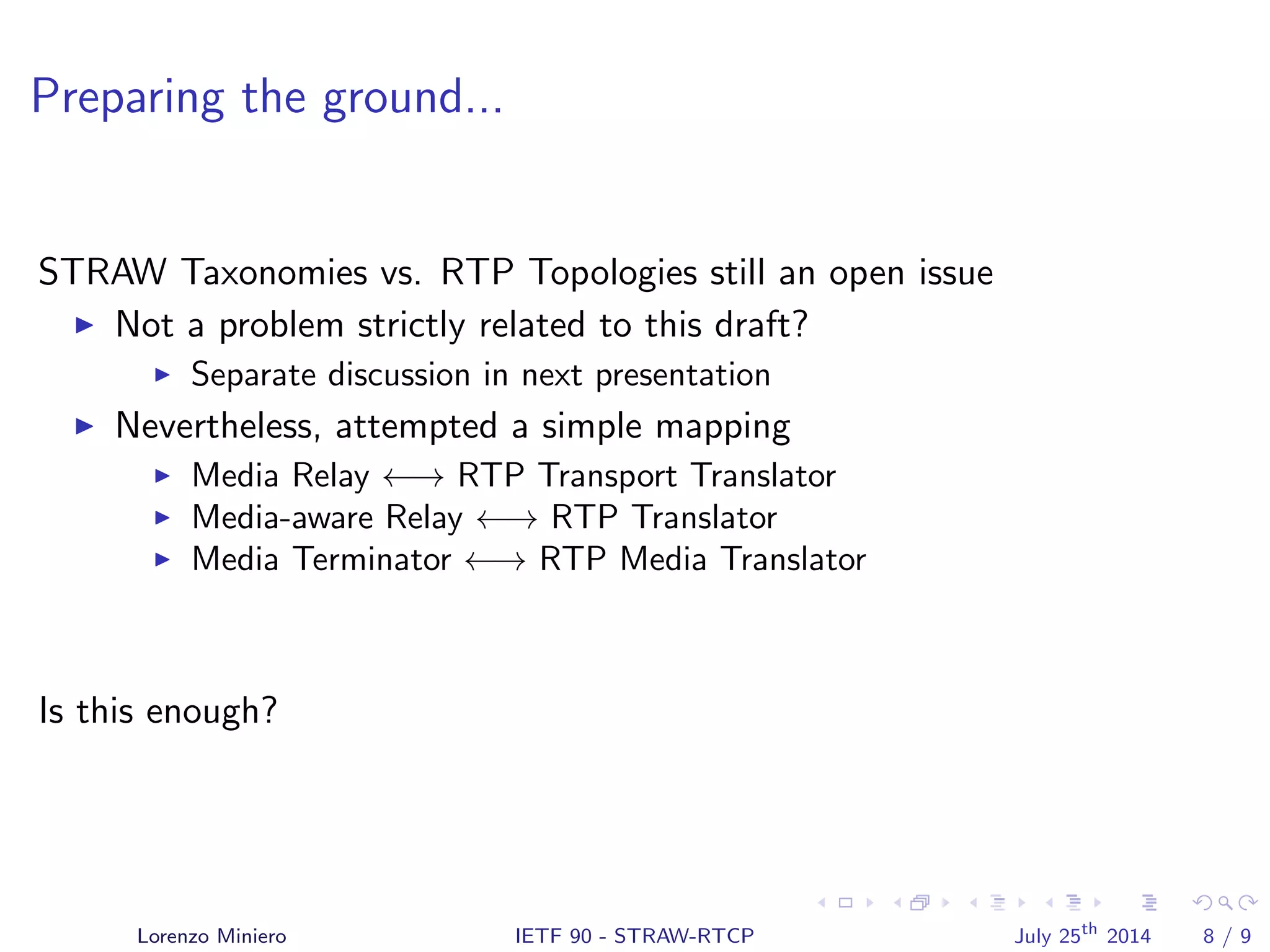 Preparing the ground...
STRAW Taxonomies vs. RTP Topologies still an open issue
Not a problem strictly related to this draft?
Separate discussion in next presentation
Nevertheless, attempted a simple mapping
Media Relay ←→ RTP Transport Translator
Media-aware Relay ←→ RTP Translator
Media Terminator ←→ RTP Media Translator
Is this enough?
Lorenzo Miniero IETF 90 - STRAW-RTCP July 25th
2014 8 / 9
 