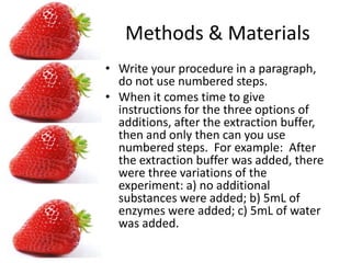 Methods & MaterialsWrite your procedure in a paragraph, do not use numbered steps.When it comes time to give instructions for the three options of additions, after the extraction buffer, then and only then can you use numbered steps. For example: After the extraction buffer was added, there were three variations of the experiment: a) no additional substances were added; b) 5mL of enzymes were added; c) 5mL of water was added.