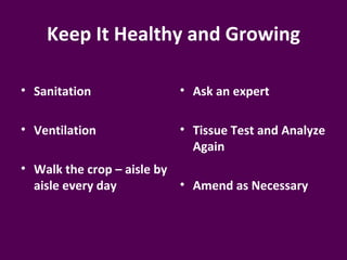 Keep It Healthy and Growing

• Sanitation              • Ask an expert

• Ventilation             • Tissue Test and Analyze
                            Again
• Walk the crop – aisle by
  aisle every day          • Amend as Necessary
 