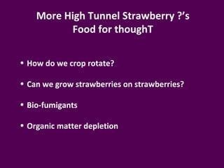 More High Tunnel Strawberry ?’s
          Food for thoughT

• How do we crop rotate?

• Can we grow strawberries on strawberries?

• Bio-fumigants

• Organic matter depletion
 