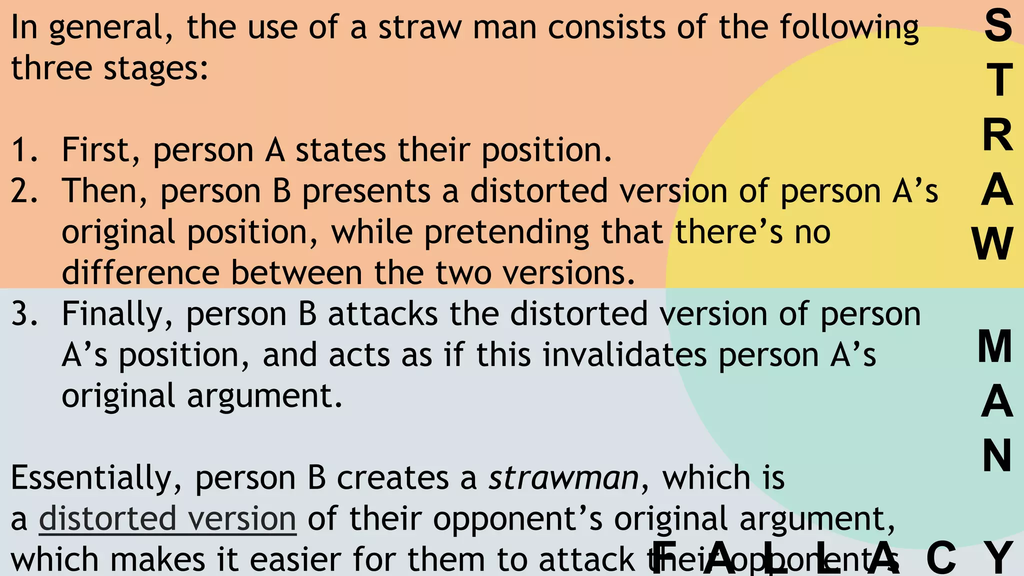 In general, the use of a straw man consists of the following
three stages:
1. First, person A states their position.
2. Then, person B presents a distorted version of person A’s
original position, while pretending that there’s no
difference between the two versions.
3. Finally, person B attacks the distorted version of person
A’s position, and acts as if this invalidates person A’s
original argument.
Essentially, person B creates a strawman, which is
a distorted version of their opponent’s original argument,
which makes it easier for them to attack their opponent’s
S
T
R
A
W
M
A
N
F A L L A C Y
 
