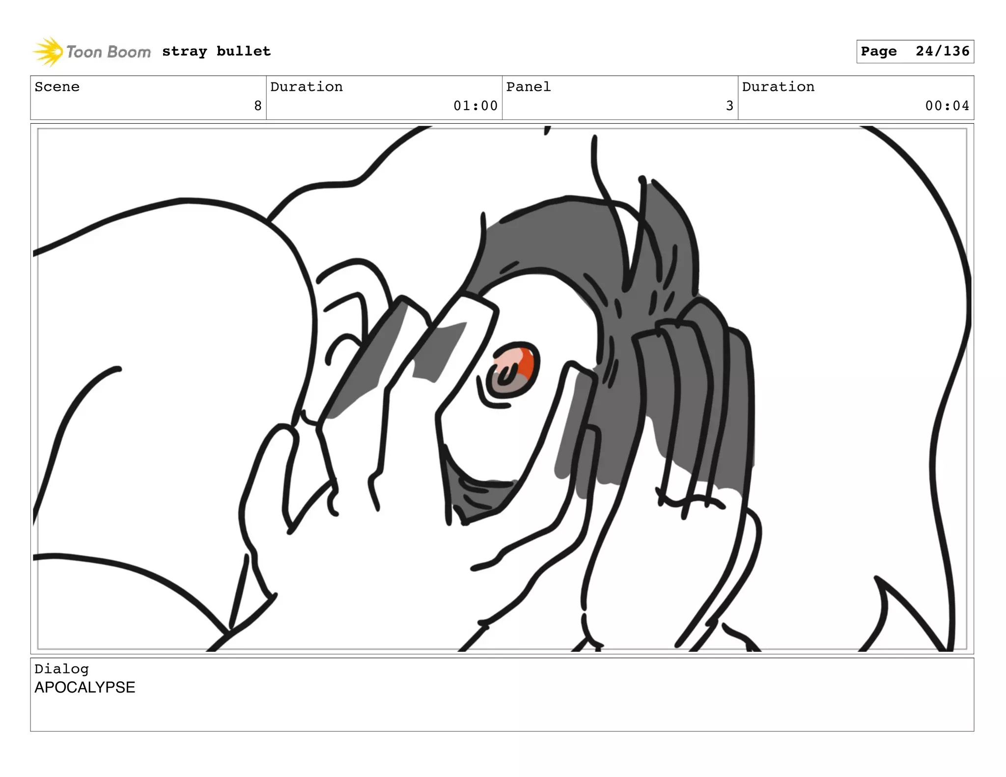 Scene
8
Duration
01:00
Panel
3
Duration
00:04
Dialog
APOCALYPSE
stray bullet Page 24/136
 