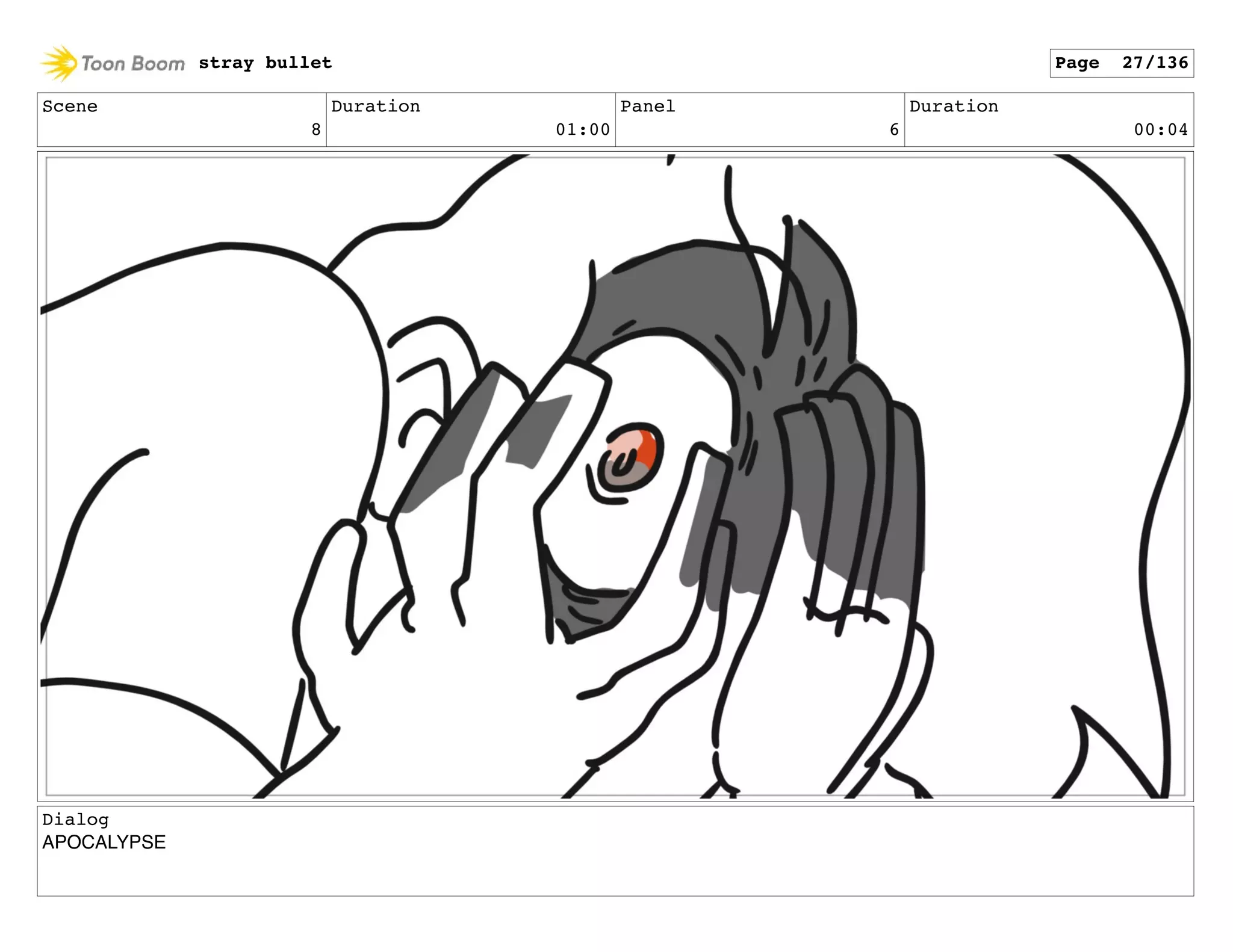 Scene
8
Duration
01:00
Panel
6
Duration
00:04
Dialog
APOCALYPSE
stray bullet Page 27/136
 