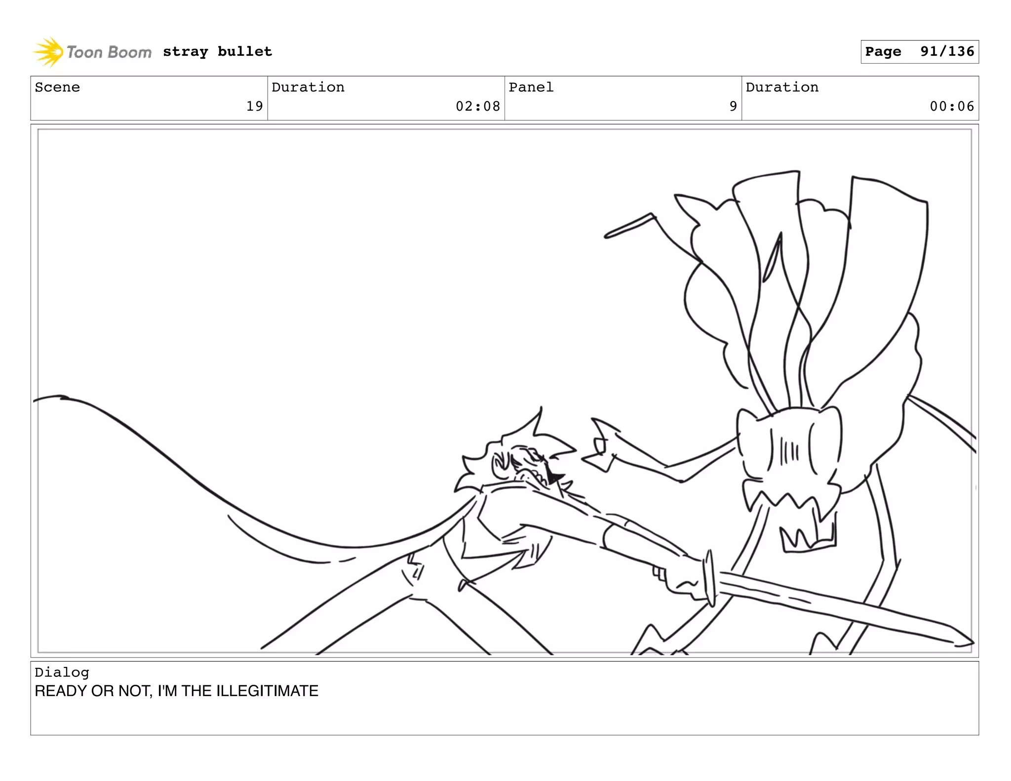 Scene
19
Duration
02:08
Panel
9
Duration
00:06
Dialog
READY OR NOT, I'M THE ILLEGITIMATE
stray bullet Page 91/136
 