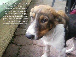 Por eso te invito a recordar a todos aquellos a quienes salvaste o ayudaste. Todas las vidas que mejoraste. Cada cosa que hiciste, por pequeña que fuera. Porque para salvar al mundo, nada es poco, todo suma, todo tiene un valor incalculable. 