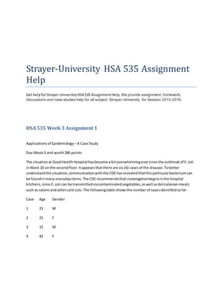Strayer-University HSA 535 Assignment
Help
Get helpforStrayer-University HSA 535 AssignmentHelp. We provide assignment, homework,
discussions and case studies help for all subject Strayer-University for Session 2015-2016.
HSA535 Week 3 Assignment 1
Applicationsof Epidemiology –A Case Study
Due Week3 and worth280 points
The situationat GoodHealthHospital hasbecome a bitoverwhelmingeversince the outbreakof E.coli
inWard 10 on the secondfloor.Itappearsthat there are six (6) casesof the disease.Tobetter
understandthe situation,communicationwiththe CDChasrevealedthatthisparticularbacteriumcan
be foundinmany everydayitems.The CDCrecommendsthatinvestigationbeginsinthe hospital
kitchens,since E.coli can be transmittedviacontaminatedvegetables,aswell asdelicatessenmeats
such as salami andothercold cuts.The followingtable showsthe numberof casesidentifiedsofar:
Case Age Gender
1 23 M
2 21 F
3 15 M
4 42 F
 