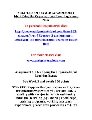 STRAYER HRM 562 Week 3 Assignment 1
Identifying the Organizational Learning Issues
NEW
To purchase this material click
http://www.assignmentcloud.com/hrm-562-
strayer/hrm-562-week-3-assignment-1-
identifying-the-organizational-learning-issues-
new
For more classes visit
www.assignmentcloud.com
Assignment 1: Identifying the Organizational
Learning Issues
Due Week 3 and worth 250 points
SCENARIO: Suppose that your organization, or an
organization with which you are familiar, is
dealing with a major issue in transitioning
individual learning (e.g., sharing knowledge,
training programs, working as a team,
experiences, procedures, processes, etc.) into
 
