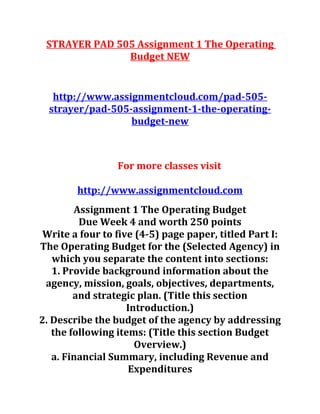 STRAYER PAD 505 Assignment 1 The Operating
Budget NEW
http://www.assignmentcloud.com/pad-505-
strayer/pad-505-assignment-1-the-operating-
budget-new
For more classes visit
http://www.assignmentcloud.com
Assignment 1 The Operating Budget
Due Week 4 and worth 250 points
Write a four to five (4-5) page paper, titled Part I:
The Operating Budget for the (Selected Agency) in
which you separate the content into sections:
1. Provide background information about the
agency, mission, goals, objectives, departments,
and strategic plan. (Title this section
Introduction.)
2. Describe the budget of the agency by addressing
the following items: (Title this section Budget
Overview.)
a. Financial Summary, including Revenue and
Expenditures
 