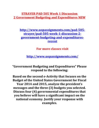 STRAYER PAD 505 Week 1 Discussion
2 Government Budgeting and Expenditures NEW
http://www.uopassignments.com/pad-505-
strayer/pad-505-week-1-discussion-2-
government-budgeting-and-expenditures-
recent
For more classes visit
http://www.uopassignments.com/
“Government Budgeting and Expenditures” Please
respond to the following:
Based on the second e-Activity that focuses on the
Budget of the United States Government for Fiscal
Year 2014 and 2015, analyze the president’s
messages and the three (3) budgets you selected.
Discuss four (4) governmental expenditures that
you believe will have a significant impact on the
national economy. Justify your response with
examples.
 