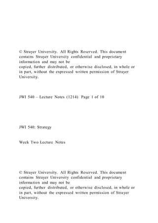 © Strayer University. All Rights Reserved. This document
contains Strayer University confidential and proprietary
information and may not be
copied, further distributed, or otherwise disclosed, in whole or
in part, without the expressed written permission of Strayer
University.
JWI 540 – Lecture Notes (1214) Page 1 of 10
JWI 540: Strategy
Week Two Lecture Notes
© Strayer University. All Rights Reserved. This document
contains Strayer University confidential and proprietary
information and may not be
copied, further distributed, or otherwise disclosed, in whole or
in part, without the expressed written permission of Strayer
University.
 