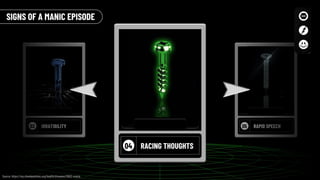 03 IRRATIBILITY 05 RAPID SPEECH
SIGNS OF A MANIC EPISODE
04 RACING THOUGHTS
Source: https://my.clevelandclinic.org/health/diseases/21603-mania
 