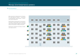 Дома украшаются фирменным паттерном.
Есть два варианта: яркий — нанесение
по всему фасаду и облегченный — нанесе-
ние только на балконах.
Яркий вариант рекомендуется использовать
как акцент в перспективе улиц, не больше
одного дома на квартал. Вариант с балконами
можно использовать в любом количестве.
Желательно применять паттерны в наибо-
лее людных местах.
Стерлитамак. Руководство по фирменному стилю 76
STR_files_Buildings.ai
Нестандартные носители.
Фасады многоквартирных домов 2
 