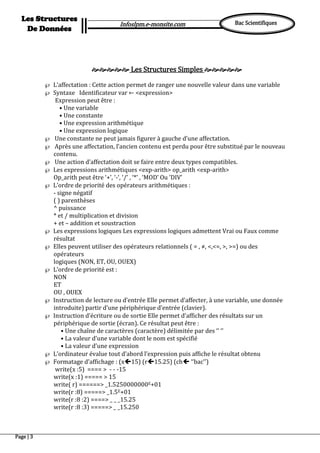 Page | 3
Bac Scientifiques
Les Structures
De Données
Infoslpm.e-monsite.com
Pour … Répéter … Tant
que
Pour … Répéter … Tant
que
 Les Structures Simples 
 L’affectation : Cette action permet de ranger une nouvelle valeur dans une variable
 Syntaxe Identificateur var ← <expression>
Expression peut être :
• Une variable
• Une constante
• Une expression arithmétique
• Une expression logique
 Une constante ne peut jamais figurer à gauche d’une affectation.
 Après une affectation, l’ancien contenu est perdu pour être substitué par le nouveau
contenu.
 Une action d’affectation doit se faire entre deux types compatibles.
 Les expressions arithmétiques <exp-arith> op_arith <exp-arith>
Op_arith peut être ‘+’, ‘-‘, ‘/’ , ‘*’ , ‘MOD’ Ou ’DIV’
 L’ordre de priorité des opérateurs arithmétiques :
- signe négatif
( ) parenthèses
^ puissance
* et / multiplication et division
+ et – addition et soustraction
 Les expressions logiques Les expressions logiques admettent Vrai ou Faux comme
résultat
 Elles peuvent utiliser des opérateurs relationnels ( = , ≠, <,<=, >, >=) ou des
opérateurs
logiques (NON, ET, OU, OUEX)
 L’ordre de priorité est :
NON
ET
OU , OUEX
 Instruction de lecture ou d’entrée Elle permet d’affecter, à une variable, une donnée
introduite) partir d’une périphérique d’entrée (clavier).
 Instruction d’écriture ou de sortie Elle permet d’afficher des résultats sur un
périphérique de sortie (écran). Ce résultat peut être :
• Une chaîne de caractères (caractère) délimitée par des ‘’ ‘’
• La valeur d’une variable dont le nom est spécifié
• La valeur d’une expression
 L’ordinateur évalue tout d’abord l’expression puis affiche le résultat obtenu
 Formatage d’affichage : (x15) (r15.25) (ch ‘‘bac’’)
write(x :5) ==== > - - -15
write(x :1) ===== > 15
write( r) ======> _1.5250000000E+01
write(r :8) =====> _1.5E+01
write(r :8 :2) ====> _ _ _15.25
write(r :8 :3) =====> _ _15.250
 