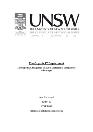  <br />The Organic IT Department<br />Strategic Cost Analysis to Unlock a Sustainable Competitive Advantage<br />Juan Carbonell<br />3306413<br />STRE5603<br />International Business Strategy<br />Table of Contents TOC  quot;
1-3quot;
    2Introduction PAGEREF _Toc138848577  23TCE and the Hidden Cost of Operating IT PAGEREF _Toc138848578  44Strategic Modular Analysis of the IT Department PAGEREF _Toc138848579  54.1IT Customers (Business End Users) PAGEREF _Toc138848580  54.2Process & Procedure PAGEREF _Toc138848581  64.3IT Infrastructure PAGEREF _Toc138848582  74.4Applications (IT Soft Infrastructure) PAGEREF _Toc138848583  84.5IT Service Function PAGEREF _Toc138848584  85RBV and Leveraging IT as a Business Enabler PAGEREF _Toc138848585  106Conclusion PAGEREF _Toc138848586  117References PAGEREF _Toc138848587  13<br />Introduction<br />Information Technology (IT) is defined as “the technology involving the development, maintenance and use of computer systems, software and networks for the processing and distribution of data”; IT was defined in 1978 by Merriam-Webster (2010). Since this time, IT has enabled organisations to amass information, dissect this information collaboratively and report on it in real-time. Most people would hail IT as the saving grace of modern business, yet the typical firm considers IT a cost centre instead of a business facilitator.  Why?<br />The answer is clear, but complex: IT can either be a powerful tool to support the organisation’s ability to manage information or, conversely, make the coordination of an organisation’s processes more complex and difficult. Several studies clearly argue that IT supports firms because it makes more information available and easier to use, which in turn reduces uncertainty. On the other hand, the problem of information excess highlights the greater level of complexity faced as a consequence of unmanaged information, which increases both operational and administrative costs (Cordella 2001). <br />Many organisations now face a tipping point from piecemeal building practices that have evolved into overly complex infrastructure issues. The purpose of this paper is to decompose the above productivity paradox and create a rational model (Organic IT Model - OITM) that breaks down why this phenomenon exists. The two questions this paper will answer are:<br />RQ1 - Does transaction cost economics give insight into the hidden costs of running an IT department?<br />RQ2 - Can optimising your IT department lead to a sustainable competitive advantage?<br />Transaction Cost Economics (TCE) and the Resource-based View (RBV) are two leading economic and managerial frameworks. While TCE focuses on the costs associated with conducting exchanges between two separate entities, RBV concentrates on those factors that enable firms to gain a competitive advantage and sustain them (Aubert 2001). Together both frameworks shed light on why management should leverage IT to stay ahead of its competitors.<br />Furthermore, IT strategy acts as a mediating force between the technological issues within an organisation and its external environment, which in turn creates business value. IT business value is commonly used to refer to the organisational performance impacts of IT including productivity enhancement, profitability improvement, competitive advantage, inventory reduction and data leveraging (Melville 2004). It should be noted that IT can only generate business value if deployed to leverage pre-existing business and human resources in the firm. For example, a robust and flexible IT infrastructure tied together with strong IT technical skills may help a firm manage its operations more efficiently in the face of environmental complexity (Wade 2004). This compliments the strategic necessity hypothesis, which states that IT assets in the form of firm-specific capabilities and competencies such as knowledge, skills and experience cannot be easily copied and therefore offer the prospect of a sustainable competitive advantage (Clemmons & Row 1991).<br />This paper is unique in that it analyses the IT department as a holistic system; the components analysed within are the IT Customer, Process & Procedure, IT Infrastructure, Applications and the IT Service Function. While analysing each individual component, it is important to clearly understand the optimisation objectives of the firm and ensure that they are in sync with the firm’s overall IT strategy. Accordingly, I propose the use of IT not solely to focus on internal transaction cost minimisation, but as a powerful tool to enable the reduction of transaction volume. Therefore, minimising and filtering information enables a firm to reduce internal coordination (and related costs). This is turn keeps the firm more efficient than the market (Cordella 1997). Hence, optimising IT allows a firm to stay salient amongst competitors.<br />Figure  SEQ Figure  ARABIC 1 – Component Interdependence of the Organic IT Model (OITM)<br />TCE and the Hidden Cost of Operating IT<br />TCE belongs to the New Institutional Economics paradigm. TCE views the firm as a governance structure and not just a production function. Coase proposed that under certain conditions the cost of conducting an economic exchange in a market may exceed the cost of organising exchange within a firm.  A firm, therefore, consists of a system of relationships that comes into existence when the direction of resources is dependant on an entrepreneur (Coase 1937). Therefore, transaction costs are the costs of running the system and include ex ante costs such as drafting and negotiating contracts and ex post costs such as monitoring and enforcing agreements (Rindfleisch & Heide 1997). <br />The unit of analysis in TCE is a transaction, which “occurs when a good or service is transferred across a technologically separate interface” (Williamson 1985, p. 1). Williamson suggests that transaction costs include both direct costs and the opportunity costs of making inferior business decisions.  IT transaction costs therefore relate to issues that affect the opportunity cost of time lost, searching, training, etc.  Managers must weigh up production and transaction costs associated with executing a transaction within their departments versus the costs associated with executing the transaction in the market (Aubert 2001); this is the fundamental logic of TCE in reference to IT.<br />Williamson’s TCE framework (1985) rests on the dynamics of two main human behaviour assumptions and three environmental factors. These behavioural assumptions interact with specific transaction dimensions to create transaction costs. The two behavioural factors are (Aubert 2001):<br />Bounded Rationality: People are unlikely to rationally consider every state-contingent outcome associated with a transaction<br />Opportunism: The assumption that decision makers may seek to serve their own self-interests and that it is difficult to know beforehand who is trustworthy<br />The three environmental factors are:<br />Uncertainty: A problem in uncertain environments where circumstances surrounding an exchange cannot be specified (environmental) and performance cannot be easily verified (behavioural)<br />Partner Frequency: If only a small number of players exist in a marketplace, a party to a transaction may have difficulty disciplining the other parties via the threat of withdrawal or use of alternative partners<br />Asset Specificity: The value of an asset may be attached to a particular transaction that it supports. The party who has invested in the asset will incur a loss if the party who has not invested withdraws from the transaction (safeguarding dilemma)<br />There are also three features of firms that compliment the organic IT model: first, firms have more control and monitoring mechanisms available then do markets (efficiency). Second, firms are able to provide rewards that are long-term in nature (incentive). Third, Williamson (1975) acknowledges the secondary effects of a firm: socialisation processes may create convergent goals between parties that increase efficiency (cooperation) (Rindfleisch & Heide 1997). Hence, IT can be used to leverage these firm features and reduce environmental variability.<br />Successful IT optimisation should therefore make it easier for a firm to:<br />Anticipate and manage change (reduce uncertainty)<br />Reduce architectural complexity (lower interaction cost)<br />Integrate, standardise and automate IT processes (reduce redundancy) <br />Enhance on the value of existing investments through virtualisation and consolidation (lower capital requirements)<br />Increase the value and efficiency of revenue-generating services (maximise ROI)<br />In closing, using TCE to evaluate the components of the OITM should allow us to reduce internal transaction costs. An optimised IT department minimises the transaction cost of operating within the firm allowing its employees to leverage superior information and systems. Next we will evaluate how optimised IT components interact to create an efficient organic IT department.<br />Strategic Modular Analysis of the IT Department<br />IT Customers (Business End Users)<br />The IT customer is the focal point of IT strategy formulation. All other components support the IT customer and should theoretically increase strategic flexibility while reducing interaction costs. The IT department therefore needs to minimise complexity and optimise productivity to enhance the firm’s production capability.<br />The adaptability of employees to organisational change is another factor that determines the strategic flexibility of a firm, which in turn affects performance (Grant 1991). Organisation architectural elements such as autonomous system design teams, shared jobs, team processes and incentives for collaborative learning serve as key enactors in building organisational resources & capabilities. These IT design elements serve to create an environment in which IT customers can leverage not only their own skills, but also effectively leverage the assets of the entire firm’s social network to which the IT customer belongs to. IT also allows IT customers to become more self-sufficient in finding and utilising business and support information, which reduces redundant interactions with the IT service function. This in turn increases efficiency for both parties. <br />The IT customer is paramount in the strategic analysis of the organic IT department model, but further efficiencies can be gained by analysing subsequent components of the department where flexibility exists.<br />Process & Procedure<br />The Process & Procedure (P&P) component entails any tacit portion of the firm that facilitates and governs ongoing operations. A more detailed definition is proposed by AT&T (1988, p. 5) “a process is a set of interrelated work activities that are characterized by a set of specific inputs and value-added tasks that produce a set of specific outputs”.<br />Firm's can therefore theoretically be analysed as a set of P&P (Melan 1993). Processes underlie all intra-firm activities and are found in all functions of a firm. Krajewski and Ritzman (2000) state that decisions on P&P management are strategic and can affect a firm's ability to compete over the long run; efficiency can therefore be affected by choices made when P&Ps are designed. Furthermore, Krajewski and Ritzman (2000) stress that P&P management is an ever-ongoing activity that must me managed holistically.<br />Hammer (1996) claims that many of firm's current P&Ps are the result of a series of ad hoc decisions made in the past with little attention to effectiveness across the entire structure. Therefore, many problems that a firm faces are actually P&P problems, not IT problems. Davenport and Short (1990) argue that rather than maximising the performance of particular individuals or business functions, corporations must maximise interdependent P&Ps within and across the entire firm.<br />The synergistic benefits of IT exist through cross-functional P&Ps spread out across various components. A P&P management perspective can help clarify the benefits of IT and its relationship to the firm, hence reducing transaction costs. P&P management should also govern how information (knowledge) propagates through applications. Lack of a well-defined P&P environment leaves ambiguity, which increases search costs to the IT customer. Also, P&P ambiguity increases reliance on the IT service function, which in turn creates inefficiency. <br />IT optimisation is not just about cost saving on infrastructure. Optimisation is the process of creating a highly efficient and dynamic IT department to render maximum IT business value. Effective optimisation continually analyses the firm for opportunities to improve responsiveness and ROI. It is an ongoing process that can result in lower asset costs and reduced operational expenses. For example, IBM restructured CIB Bank’s (Hungary) P&P management process and actualised an ROI of 91 percent or US$1.75 million. Efficiencies were gained through productivity savings, improved monitoring and reduced unplanned impact losses to the bank (IBM 2009).<br />IT Infrastructure<br />The physical assets that define the firm’s IT infrastructure are comprised of computer and communication technologies supplemented by shareable technical platforms and databases (Bharadwaj 2000). IT infrastructure is a major business resource and a shared information delivery base; it is also a critical component in attaining a Sustainable Competitive Advantage (SCA). <br />IT infrastructure underpins a firm’s competitive position by enabling benefits such as task cycle-time improvement and cross-functional synergy opportunities (Sambamurthy & Zmud 1992). Creating an integrated IT infrastructure requires considerable time and expertise, which creates experiential learning opportunities. It has been noted that the individual components that make up the IT infrastructure are commodity-like, but the process of creating an infrastructure tailored to a firm’s strategic context is complex and imperfectly understood (Weill & Broadbent 1998). Hence, the holistic benefits of a well-integrated system are hard to imitate; time compression diseconomies make it difficult for newcomers to catch up by simply investing in IT infrastructure.<br />IT infrastructure enables firms to:<br />Identify and develop key applications rapidly (lower development costs)<br />Share information across products, services and locations (reduce search costs)<br />Implement common transaction processing across the business (creates consistency)<br />Exploit opportunities for synergy across business units creating a casually ambiguous resource (hard to imitate)<br />It is therefore critical for an IT department to keep its infrastructure highly available and easy to use. Infrastructure downtime directly correlates to a loss of internal value creation for the firm. Firms should therefore consider investing in proven technologies such as virtualisation and unified communication platforms to reduce the potential of downtime and increase intra-firm communication capability respectively. For example, The ‘University of Pittsburgh Medical Center’ (UPMC) created an IT infrastructure that was more flexible, robust and secure. It reduced its server count from 931 to 310 using virtualisation, which also improved system capacity. UPMC also deployed a common application toolset across platforms and generated an overall IT cost saving of 20 percent (IBM 2007). This cost saving was then reinvested to fund future IT projects and enhance operational efficiency. <br />Applications (IT Soft Infrastructure)<br />An application is the information (business) logic interface available to IT customers. Applications can be bought as a package or developed in-house; in-house applications have a higher potential to create imitable resources. Application development skills such as those needed for large software development projects often require interactive teams of IT staff that are far more immobile than individual members. These teams develop distinctive styles and coordination mechanisms, which are perfected overtime through repetition.<br />When new IT customers join the firm, they are trained not only in firm-specific application systems, but also in P&P methodologies unique to the firm. Thus, there are increasing returns to the firm as they add qualified professionals to an existing network of IT customers. Furthermore, such team-embodied knowledge also suffers a slower decay rate as it is passed on without much degradation to successive generations of team members (Bharadwaj 2000). There is no known way to bypass these path dependent processes, hence creating a valuable ‘resource’ for the firm.<br />Applications enable firms to create new information and P&Ps quicker; more importantly, applications simplify connecting IT customers to reduce transaction costs. Today’s applications are often described as composite; that is, they are composed from a wealth of existing application assets. Such composite applications are very powerful as they enable businesses to transform existing P&Ps without having to redevelop existing applications (IBM 2009). Hence, composite applications can shorten development time freeing resources to work on other pressing tasks. For example, a recent survey by IBM verified that 50 percent of firms that responded have declared SOA projects (a form of composite application framework) have already paid for themselves. Of these same firms, 60 percent report they are meeting or exceeding their cost reduction objectives (IBM 2009).<br />IT Service Function<br />The IT service function is responsible for the support and well being of the IT department. Services rendered generally comprise of troubleshooting, training, relationship building and knowledge accumulation (Wade 2004). Firms with a strong IT service function are better able to (Capon and Glazer 1987): <br />Integrate IT and business planning processes more effectively (lower search costs)<br />Develop reliable and cost effective methodologies that support the firm’s business needs quicker than rival firms (increase efficiency) <br />Communicate and work with business units more efficiently (reduce time costs)<br />Anticipate future business needs of the firm and innovate valuable new product features before rivals (produce value)<br />Several frameworks exit to guide an IT service function in the creation of P&P, such as ITIL. ITIL gives a detailed description of important IT practices and provides comprehensive checklists, tasks and procedures that any IT department can tailor to create an efficient IT service function. Structuring the IT service function allows information to be collected, which in turn enables trend analysis of internal issues. Structuring also reduces transaction costs by standardising P&Ps that IT customers will follow to interface with the IT service function.<br />Viewed from an empirical perspective, IT service ‘resources’ are difficult to acquire and complex to imitate due to path dependency; they thereby serve as a potential source of competitive advantage. In fact, differences in organisational and economic benefits that companies’ gain from IT has been largely attributed to the management of these IT service resources as they aid to reduce operational costs (Wade 2004).<br />For example, in just eight years operational labour expense has risen from less than 40 percent of IT labour budgets to nearly 70 percent. It is therefore not surprising that employment of network analysts and system administrators has grown by 14 percent and 8 percent, respectively, as more people are needed to administer a firm’s IT environment. By making the IT service function more efficient, organisations can practically grow their IT infrastructure using the same level of service staffing (IBM 2007).<br />Figure 2 - Change of IT Staff Requirements in US re Complexity, 2004 - 2006 (IBM 2007)<br />RBV and Leveraging IT as a Business Enabler<br />RBV proposes that firms compete on the basis of ‘unique’ corporate resources that are valuable, rare, difficult to imitate and non-substitutable. RBV operates under the assumption that the resources needed to conceive, choose and implement strategies are heterogeneously distributed across firms and that these differences remain stable over time. Resources tend to effectively deter competitive imitation when protected by isolating mechanisms such as time-compression diseconomies, historical uniqueness, embeddedness and causal ambiguity (Barney 1991).<br />A requirement for a SCA is that resources be imperfectly mobile or non-tradable (Barney 1991). IT capital assets such as infrastructure and applications are relatively easy to acquire (commodity-like). Technical knowledge, managerial experience and IT skills/abilities are less easy to obtain. Other resources, such as company culture and P&P knowledge assets may only be available if the firm itself is sold (Grant 1991). Hence, we look at a firm’s assets and capabilities together as a set of resources available to that organisation. These resources are useful in detecting and responding to potential market opportunities and threats (Wade 2004).<br />The ultimate question then is how do investments in technology create superior intangible resources for the firm. Merely purchasing IT infrastructure will not ensure competitiveness because it is the socially complex link between IT and other parts of the organisation that serves as the source of SCA (Barney 1997). Sceptics of IT's direct effects on firm performance have long argued that firms benefit from IT only when they embed IT in a way that produces valuable, sustainable resource complementarity. A key aspect of a firm's intangible resources is its intellectual capital or knowledge assets. This is embedded in the skills and experience of its employees, as well as in its P&P and information repositories. A firm's knowledge capital is widely recognized as a unique, inimitable and valuable resource. IT is critical to knowledge management as technologies such as groupware assist in clarifying assumptions, speeding up communications, eliciting tacit knowledge and constructing catalogues of insight (Wade 2004).<br />Embedding knowledge into the IT system also enables rapid transfer to new IT customers. IT systems thus enable knowledge formalisation and consolidation of previous knowledge gains. When populated with firm-specific knowledge, applications such as groupware and expert systems are transformed into specialised assets that are almost impossible for competitors to imitate (Bharadwaj 2000). Hence, intelligently investing in IT applications that lower transaction costs is imperative to creating an SCA. <br />The OITM also addresses intra-firm synergies. Synergy refers to the sharing of resources and capabilities across organisational divisions. Beyond operational efficiencies, knowledge and information sharing across business units enables firms to be more flexible and to respond faster to market needs (Bharadwaj 2000). As Brown and Duguid (1998) note, IT geared toward creating organisational synergies can aid in the delivery of needed resources by removing the physical and spatial limitations of communication. More importantly, competitive advantages associated with synergies are also less likely to be imitated, as they are often achieved under a unique set of circumstances and on the basis of firm-specific resources (Bharadwaj et al. 1993).<br />Figure  SEQ Figure  ARABIC 2 - Frame Where Synergies Produce a Competitive Advantage<br />Lastly, it should be noted that RBV has been criticized for ignoring factors surrounding resources by assuming that they just simply exist (Stinchcombe 2000). RBV does not consider how resources are developed, integrated within the firm or how they are released. Resource management is important to the IT discipline, hence further research into these aspects is recommended.<br />Conclusion<br />While IT may be essential for firms to compete, IT on its own creates no unique SCA for a firm. This concept is consistent with the Strategic Necessity Hypothesis proposed by Clemons and Row (1991). However, IT assets in the form of firm-specific capabilities and competencies such as knowledge, skills and experience cannot be easily copied and therefore do offer the prospect of an SCA.<br />The RBV of the IT department suggests that firms can and do differentiate themselves on the basis of their IT resources. A firm's IT Customers, Process & Procedure, IT Infrastructure, Applications and the IT Service Function serve as firm-specific resources, which in combination create a holistic firm-wide IT capability. For example, a flexible IT infrastructure when combined with a strong IT service function becomes a potent organisational capability. Likewise, successful firms employ their IT infrastructure and applications for developing IT-enabled intangibles such as IT customer orientation, synergy, and superior firm knowledge (Bharadwaj 2000).<br />Knowledge about the efficient application of IT and the manner in which individual IT resources must be combined to create superior capabilities then becomes embedded in these firms in the form of organisational routines (Nelson & Winter 1982) further pushing up the IT capability of a firm. Firms that are successful in creating superior IT capability in turn enjoy superior financial performance by leveraging firm revenues and/or decreasing firm costs. <br />Thus, a firm's IT capability is derived from the underlying strength of its components. Prioritizing IT optimisation projects allows organisations to use its near-term savings (ex. asset consolidation) to fund longer-range goals. Optimisation is therefore an ongoing process that helps to stretch the life of an SCA. Maintaining momentum by implementing a series of projects is key to moving toward longer-term goals for the firm.  The continuous improvement of IT, new rivals and changing market conditions demand for IT strategies aimed at continuously renewing sources of competitive advantage (Collis & Montgomery 1995). Though an SCA is theoretically impossible to infinitely leverage, reusing cost savings to create new IT resources is the most prudent way for a firm to keep its advantage.<br />References<br />AT&T, 1988, “Process Quality Management & Improvement Guidelines” (PQMI), AT&T Quality Library Books, Indianapolis.<br />Aubert, B.A. and Weber, R., 2001, “Transaction Cost Theory, the Resource-Based View, and Information Technology sourcing Decisions: a re-examination of Lacity et al.’s findings”, Cahier du GReSI no 01-08 Mai 2001, <http://gresi.hec.ca/SHAPS/cp/gescah/formajout/ajout/test/uploaded/cahier0108.pdf>.<br />Barney, J. B., 1991, quot;
Firm Resources and Sustained Competitive Advantage,quot;
 Journal of Management (17), pp. 99-120.<br />Barney, J. B., 1997, “Gaining and Sustaining Competitive Advantage”, Addison Wesley Publishing Company, Reading, MA.<br />Bharadwaj, S., Varadarajan, P. R., and Fahy, J., 1993, quot;
Sustainable Competitive Advantage in Service Industries: A Conceptual Model and Research Propositions,quot;
 Journal of Marketing (57:10), pp. 83-99.<br />Bharadwaj, A., 2000, “A Resource-based Perspective on IT Capability and Firm Performance: An Empirical Investigation”, MIS Quarterly, 24 (1), pg. 169–196.<br />Brown, J. S., and Duguid, P., 1991, quot;
Organizational Learning and Communities of Practice: Toward a Unified View of Working, Learning and Innovation,quot;
 Organization Science (2), pp. 40-57.<br />Brynjolfsson, E., and Hitt, L., 1993, quot;
Is Information Systems Spending Productive? New Evidence and New Results,quot;
 in Proceedings of the Fourteenth International Conference on Information Systems, Orlando, Florida.<br />Capon, N., and Glazer, R., 1987, quot;
Marketing and Technology: A Strategic Co-alignment,quot;
 Journal of Marketing (51:3), pp. 1-14.<br />Clemons, E.K. and Row, M.C., 1991, “Sustaining IT Advantage: The Role of Structural Differences,” MIS Quarterly (15:3), pp. 257-292.<br />Coase, R. H., 1937, “The Nature of the Firm”, Economica, Vol. 4, 386-405.<br />Collis, D. J. and Montgomery, C. A., 1995, quot;
Competing on Resources:Strategy in the 1990squot;
, Harvard Business Review (73:4), pp. 118-128.<br />Cordella A., 2001, “Does Information Technology Always Lead to Lower Transaction Costs?”, 9th European Conference of Information Systems, June 27-29, pp. 854-864.<br />Cordella, A. and Simon, K. A., 1997, “The Impact of Information Technology on Transaction and Coordination Cost”, Conference on Information Systems Research in Scandinavia (IRIS 20), Oslo, Norway, 1997.<br />Davenport, T.H. and Short, J.E., 1990, “The New Industrial Engineering: Information Technology and Business Process Redesign”, Summer, Sloan Management Review.<br />Grant, R.M., 1991, quot;
The Resource-based Theory of Competitive Advantage,quot;
 California Management Review (33:3), pp. 114-35.<br />Hammer, M., 1996, “Beyond Reengineering, How the Process-centered Organization is Changing our Work and Our Lives”, HarperCollins Publishers: New York, NY.<br />IBM, 2009, “Deliver Smarter Products and Services Unifying Software Development and IT Operations”, New York, NY.<br />IBM, 2007, “IT Optimization as a Source of Sustainable Competitive Advantage”, New York, NY.<br />IBM, 2009, “The Total Economic Impact of IBM Tivoli Monitoring and Composite Application Management”, New York, NY.<br />Krajewski, Lee J. and Ritzman, Larry, P., 2000, “Operations Management: Strategy and Analysis”, 5th ed., Addison-Wesley Publishing Company, Reading.<br />Mirriam-Webster Dictionary, 2010, viewed 19 June, 2010, <http://www.merriam-webster.com>.<br />Melan, E. H., 1993, “Process Management: Methods for Improving Products and Service”, McGraw-Hill, New York<br />Melville, N., K. Kraemer, and V. Gurbaxani, 2004, quot;
Review: Information technology and organizational performance: An integrative model of IT business value,quot;
 MIS Quarterly (28)283-322.<br />Nelson, R. and Winter, S., 1982, “An Evolutionary Theory of Economic Change”, Cambridge, MA, Harvard University Press.<br />Rindfleisch, Aric and Heide, Jan B., 1997, “Transaction Costs Analysis: Past, Present and Future Applications”, Journal of Marketing, Vol. 61, 30-54.<br />Sambamurthy, V. and Zmud, R. W, 1997, quot;
At the Heart of Success: Organization-wide Management Competencies”, Steps to the Future: Fresh Thinking on the Management of IT-Based Organizational Transformation, Jossey-Bass, San Francisco, pp. 143-163.<br />Sambamurthy, V. and Zmud, R.W., 1992, quot;
Managing IT for Success: The Empowering Business Partnership,quot;
 Working Paper, Financial Executives Research Foundation.<br />Stinchcombe, A. L., 2000, quot;
Social Structure and Organizations: A Comment,quot;
 in Economics Meets Sociology in Strategic Management: Advances in Strategic Management, JAI Press, Greenwich, CT.<br />Wade, M., and Hulland, J., 2004, “Review: The Resource-Based View and Information Systems Research: Review, Extension, and Suggestions for Future Research,” MIS Quarterly (28:1), pp. 107-142.<br />Weill, P. and Broadbent, M., 1998, “Leveraging the New Infrastructure: How Market Leaders Capitalize on Information Technology”, Harvard Business School Press, Cambridge, MA.<br />Williamson, O.E., 1985, “The Economic Institutions of Capitalism”, New York, The Free Press.<br />Williamson, O.E., 1975, “Markets and Hierarchies: Analysis and Antitrust Implications”, New York, The Free Press.<br />